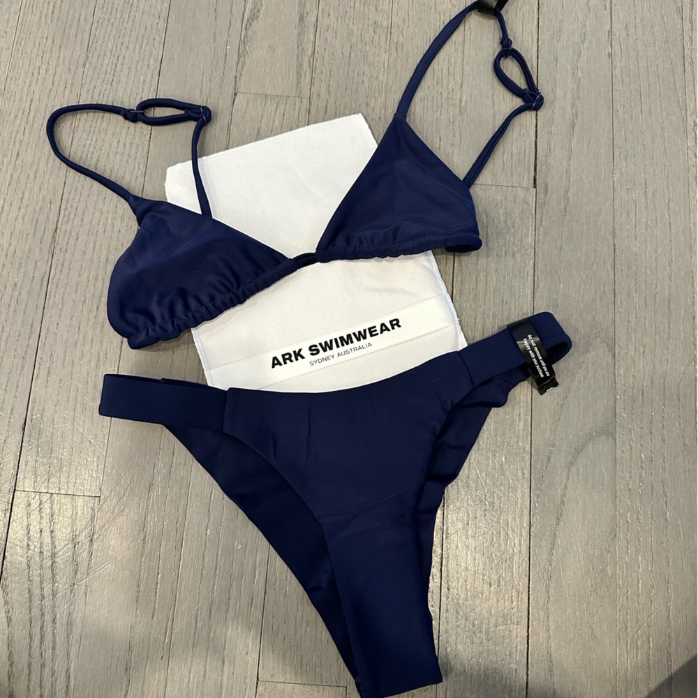 NAVY BLUE STRING BIKINI BRALETTE (small) and BANDED CHEEKY BOTTOM (xs) - NAVY